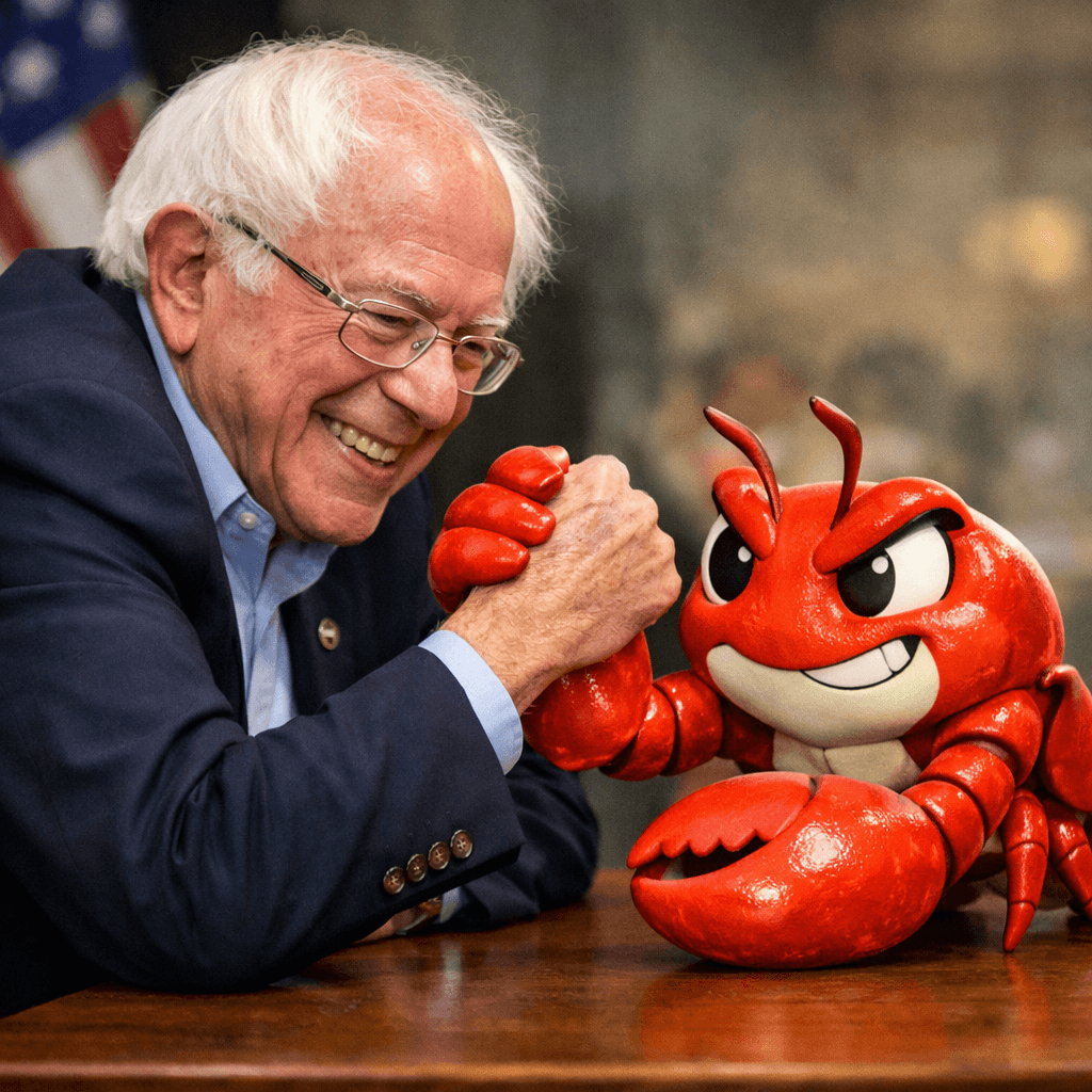 Bernie Sanders arm-wrestling a cartoon red crab in a formal government office