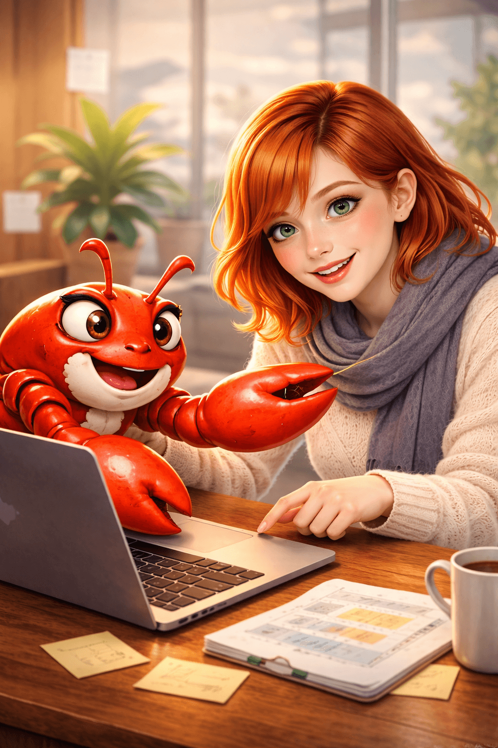 Maggie and a cartoon crab collaborating at a cozy desk
