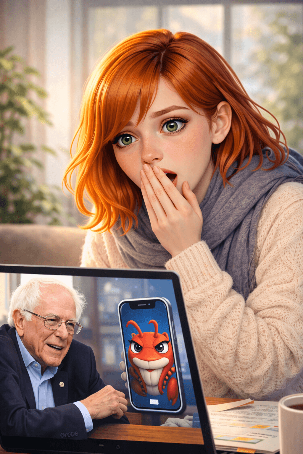 Maggie watching the Bernie vs. Claude video with a look of shock