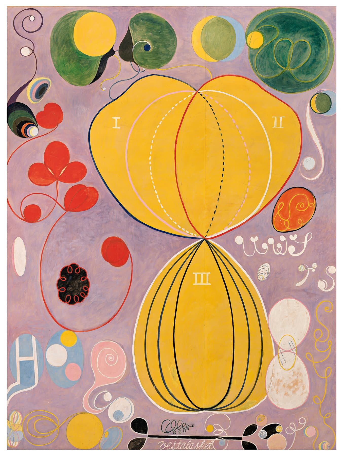 Hilma af Klint — The Ten Largest, No. 7, Adulthood, 1907. Biomorphic spiral forms in orange, pink and teal on a pale ground.