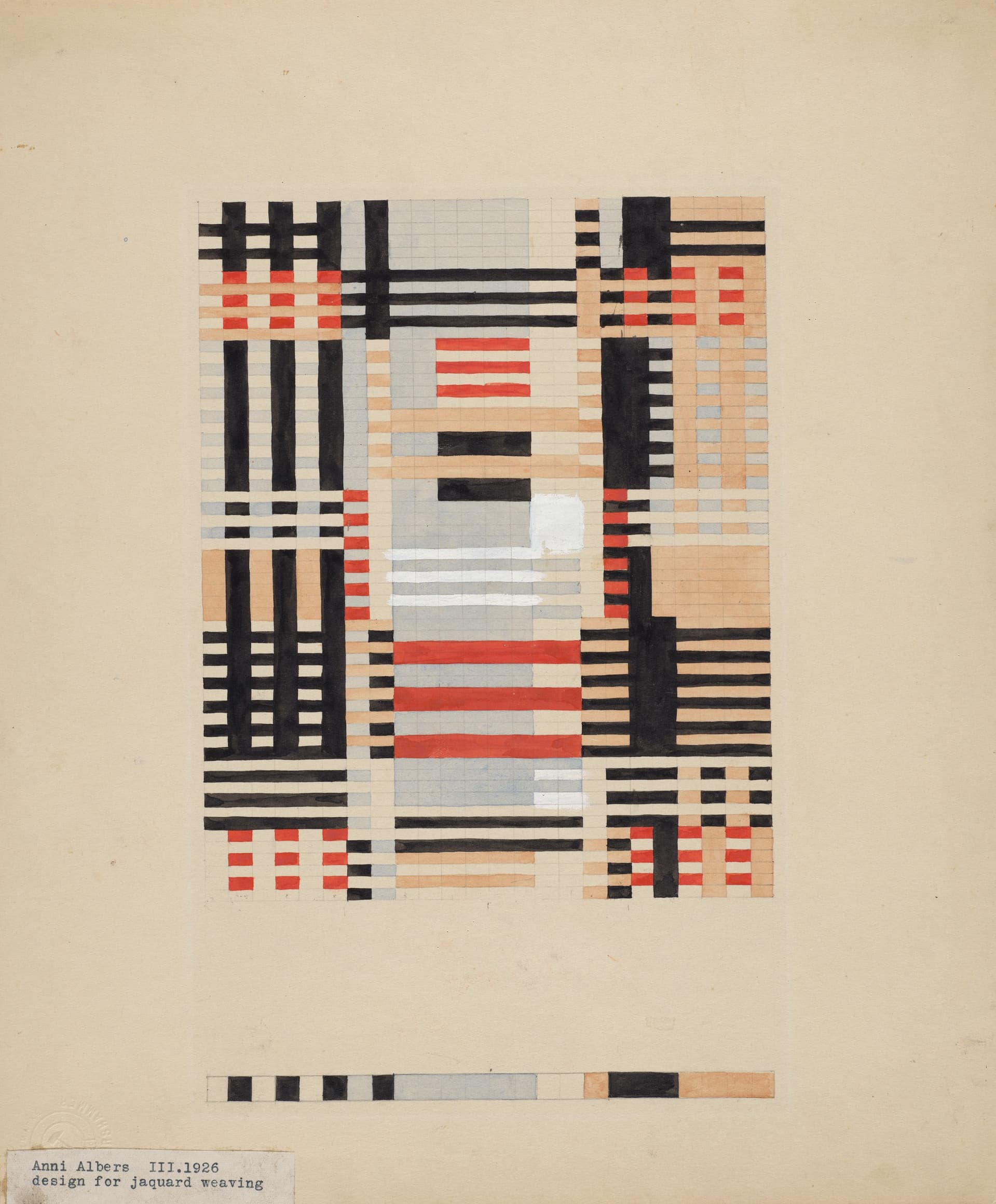 Anni Albers — Design for a Jacquard Weaving, 1926. Geometric grid in black, white and red.